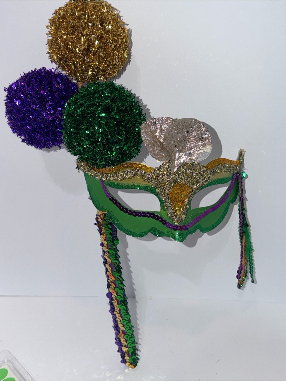 Vintage Mardi Gras Mask Wand Masquerade Carnival Purple Green Gold Party Decor